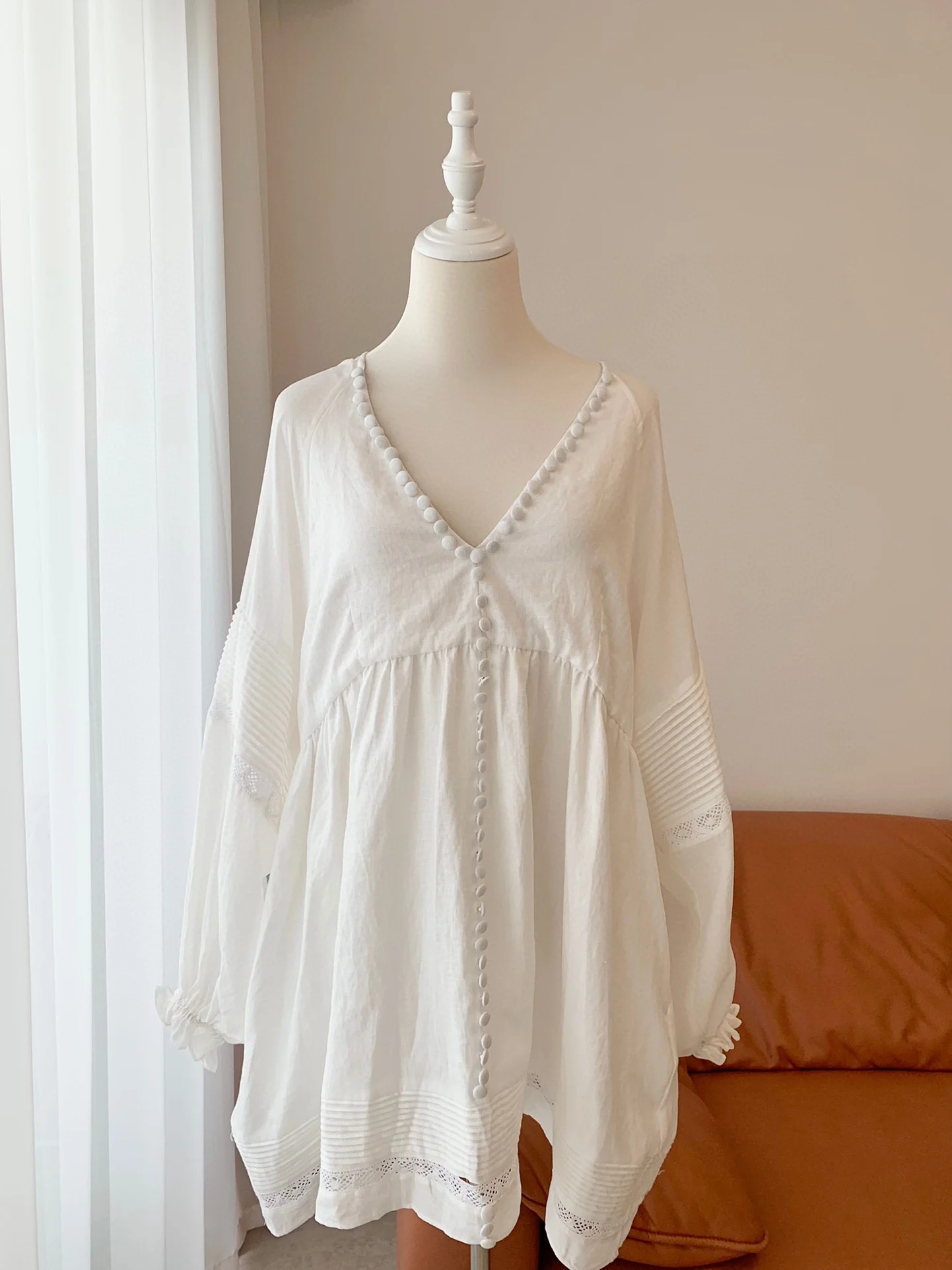 

Women Mini Dress Solid Color Loose Fit Lantern Long Sleeve V-Neck Pearl Hollow Out Robe Sweet