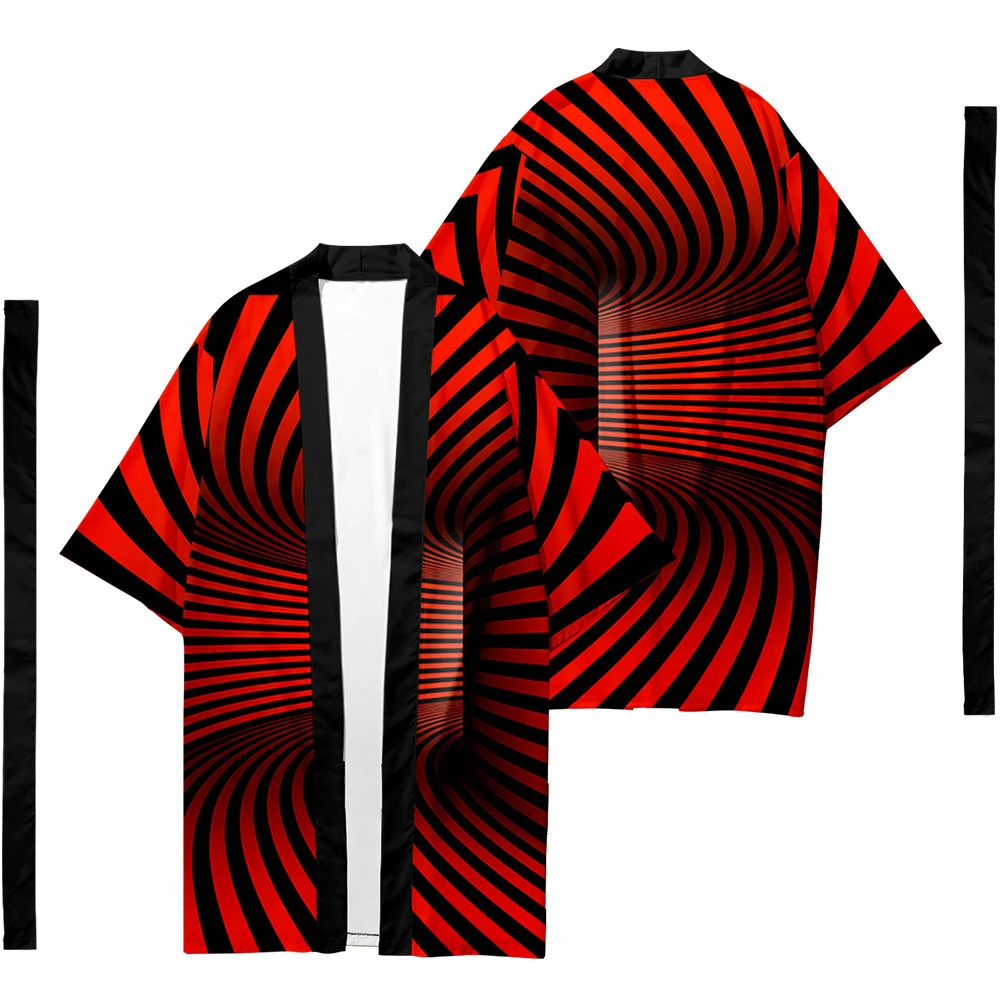 

Men's Japanese Traditional Ethnic Long Kimono Cardigan Women's Kimono Optical Illusion Pattern Kimono Shirt Yukata Jacket 7