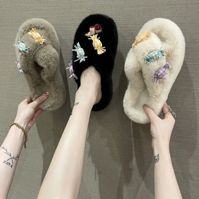 Fluffy Slippers Women Shoes Insect Decor Gold Color Sandals Ladies Flip Flops Furry Winter Luxury Slippers Casual Indoor 2022