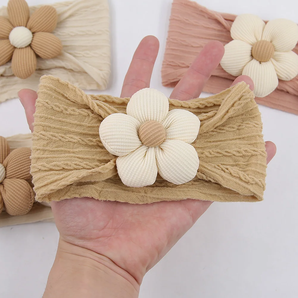  여아용 꽃 나일론 머리띠, 신축성 있는 부드러운 라떼 케이블 니트 머리띠,  어린이 터번 머리띠, 한국 인스 머리띠
