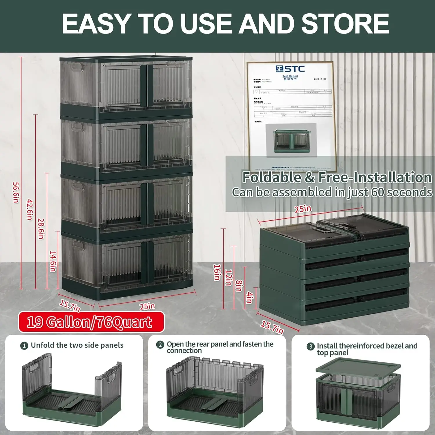 

Storage Bins with Lids - 19 Gallon Collapsible Storage Bins with Wheels and Door, Stackable Storage Bins for Clothing, Blankets,