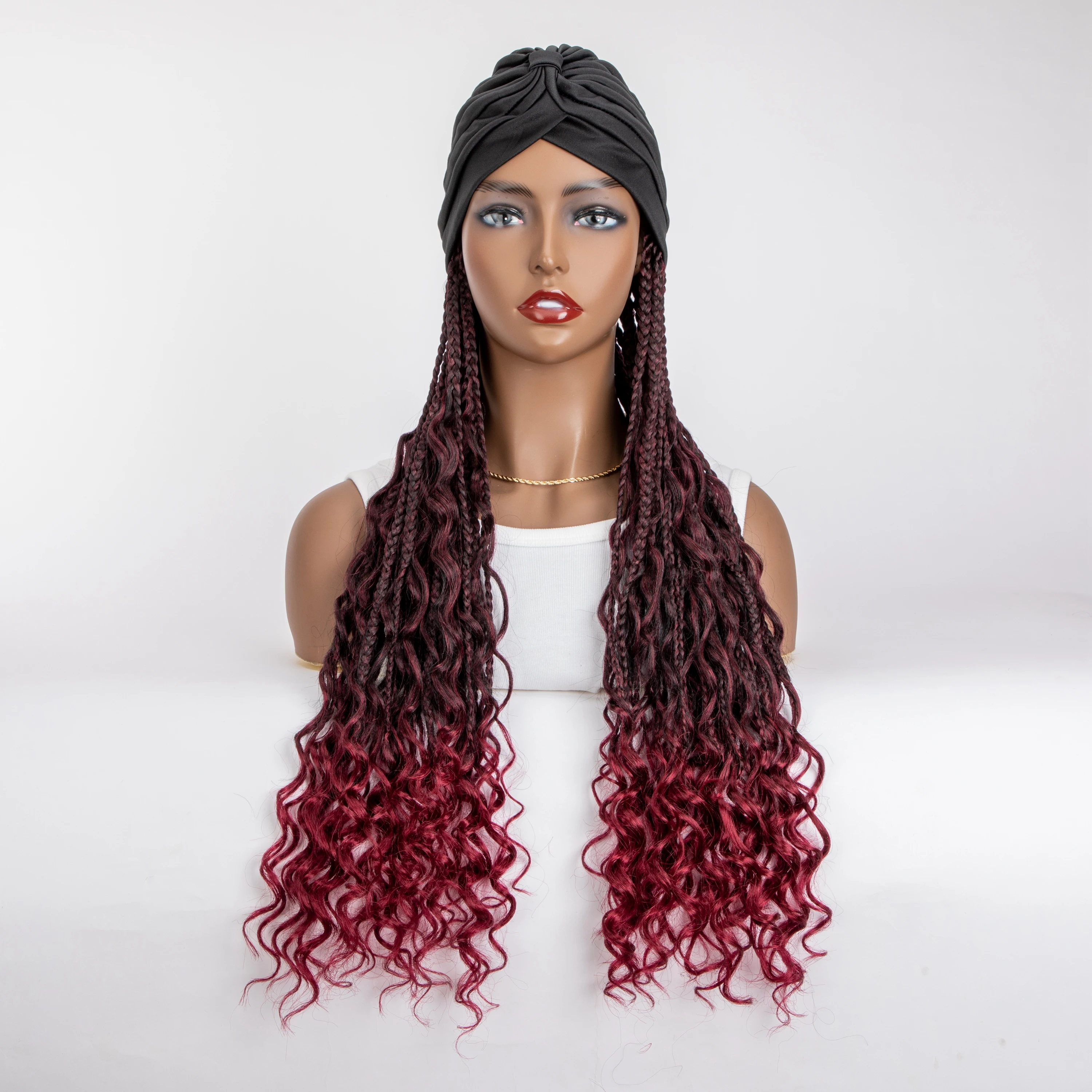 WIGERA 20&ldquo; Ombre Black Burgundy Boho Box Braided Synthetic Headband Wig With Turban Hat Braiding Hair Extensions For Black Women