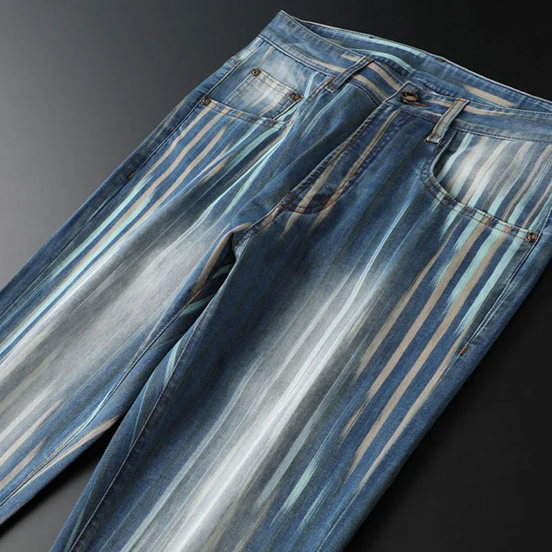 Fashionable men's blue personality color contrast striped jeans men slim stretch summer slim men's small straight leg pants