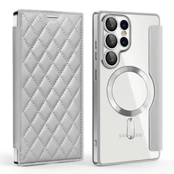 Magnetic Leather Card Holder Case with Wireless Charging and Shockproof Flip Cover for Samsung S24Ultra (Grey)