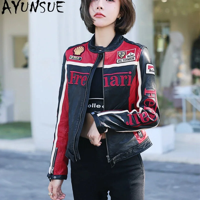 

Autumn AYUNSUE New 2024 Genuine Leather Jacket Women's Short Motorcycle Wear Real Sheepskin Coat Women Standing Collar Slim