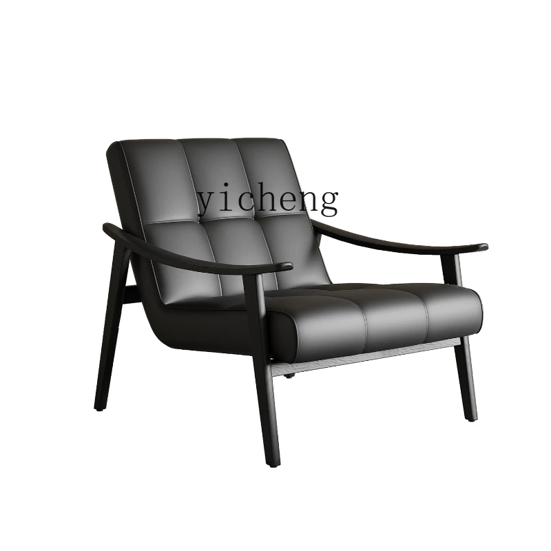 

YY Armchair Genuine Leather Retro Living Room Wooden Lounge Chair Single-Seat Sofa Chair