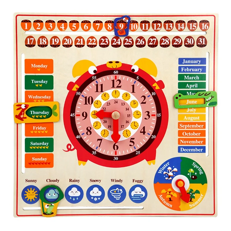 

HOT-Wooden Multifunctional Calendar Clock Children's English Early Childhood Education Puzzle Hanging Board