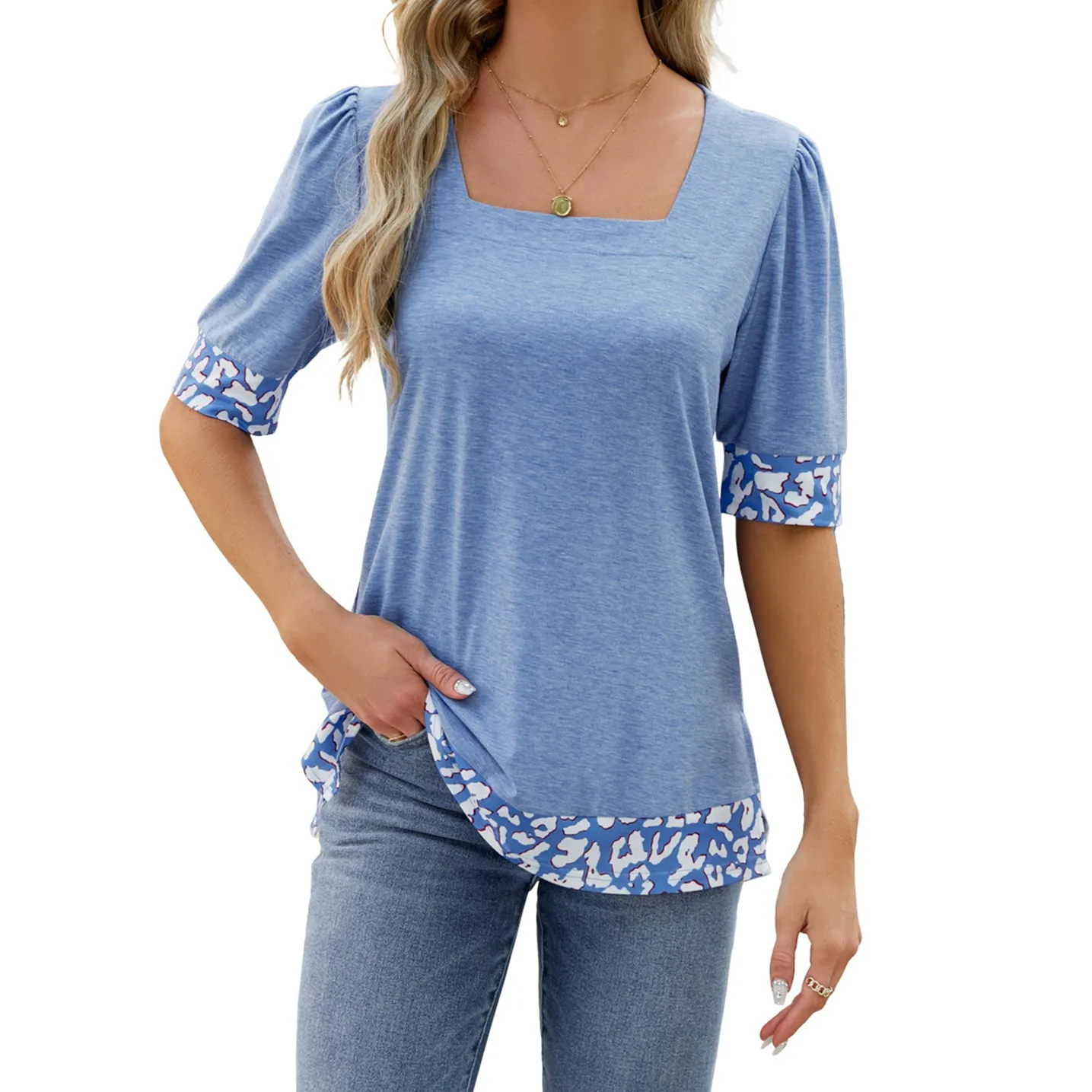 

Women Short Sleeve T-Shirts Print Contrast Color Square Neck Shirts Summer Casual Loose Fit Tops Streetwear