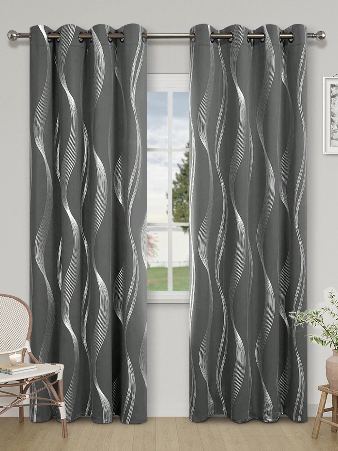 High Precision Blackout Curtains - Silver Embossed Wave Pattern for Light Blocking and Heat Retention