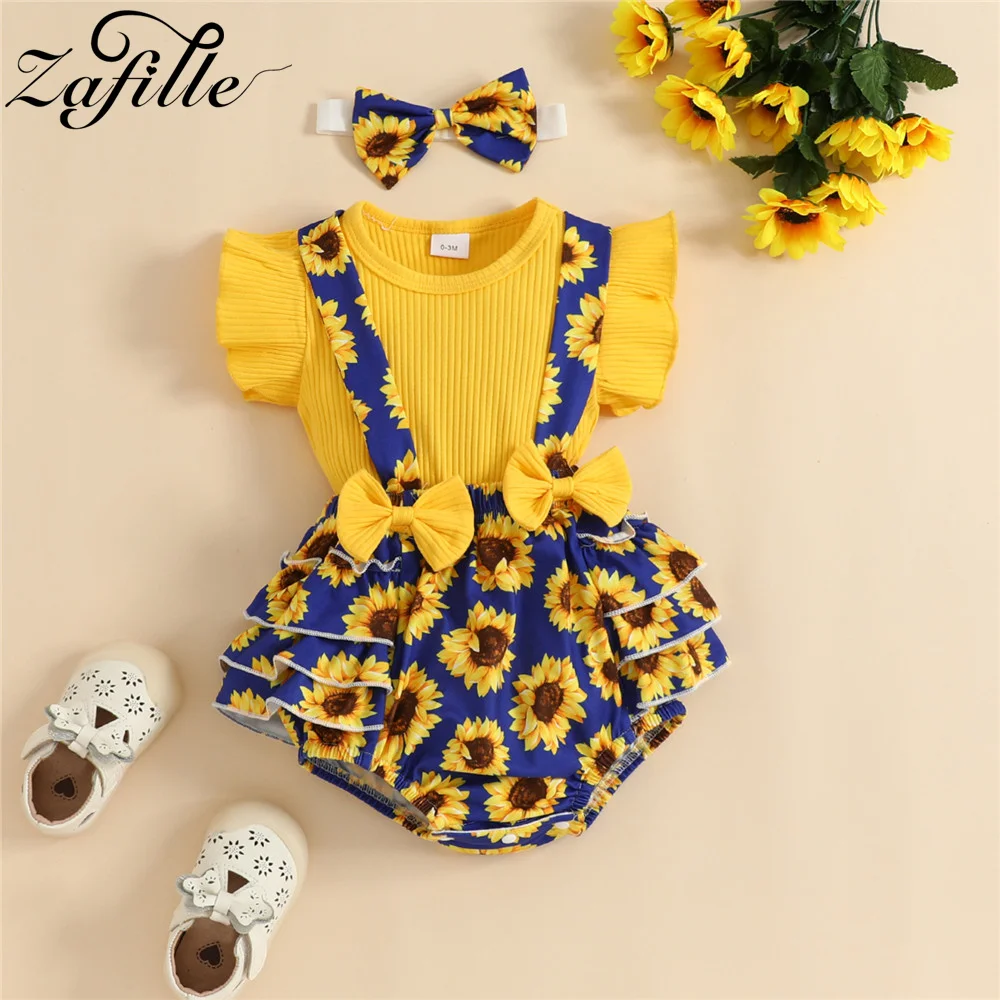 

ZAFILLE Sunflower Print Baby Girls Clothes Set Flying Sleeve Top+Bows Overalls 3pcs Kids Newborn Clothing Summer Children Outfit