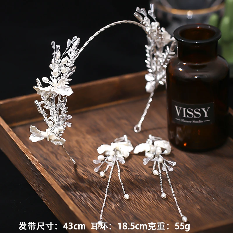 Bridal Headdress White Flower Hair Hoop Earring Set Fashion Crystal Hairband Headdress Wedding Accessories Jewelry Ornaments