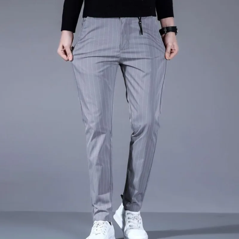 Summer Striped Business Casual Men's 2024 New Patchwork Button Zipper Pocket Slim Fit Fashion and Comfortable Straight Leg Pants