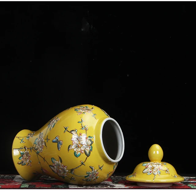 Elegáns Sárga Kerámia Váza Fedéllel Ellátott Pillangó Virág Dekoratív Edény Gyömbér Alakú Porcelán Vázák Fedő - Image 3