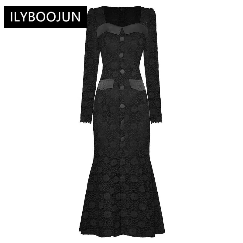 

Autumn Lace Mermaid Dress Women Square Collar Long Sleeve Hollow Out Vintage Package Buttocks Dress
