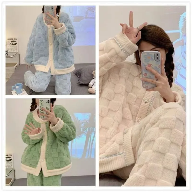 Coral velvet pajama women Autumn Winter thickened loose flannel women's set Student Korean cute Home dress Can be worn outside