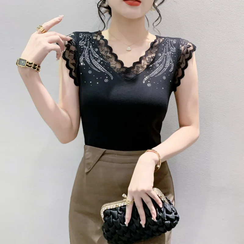 

#6737 Black Red Sleeveless T Shirt Women V-neck Split Joint Lace Diamonds Sexy Office T-Shirt Femme Skinny Stretch Cotton Summer