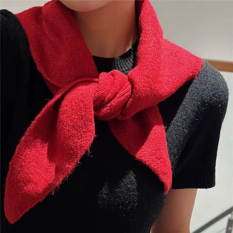 2025 Knitted Scarf Women 100% Pashmina Triangle Scarf Wool Winter Warm Bright Solid Color Thick Shawl Soft Triangle Pashmina