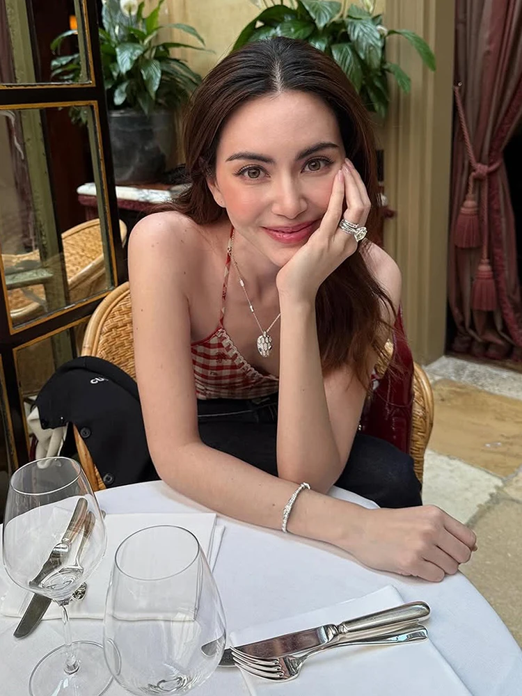 Nibber Plaid Crop Tops Women Halter v-Neck Backless Patchwork Lace Side Slit Skinny Hottie Daily Midnight Classic Sweet Vests