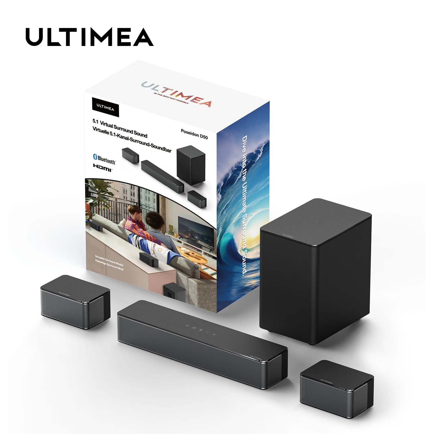 Ultimea 5.1 Soundbar Surround, Sistema Audio Surround 3D, Soundbar Per Televisori Con Subwoofer E Altoparlanti Posteriori, Altoparlanti Tv Home Theate