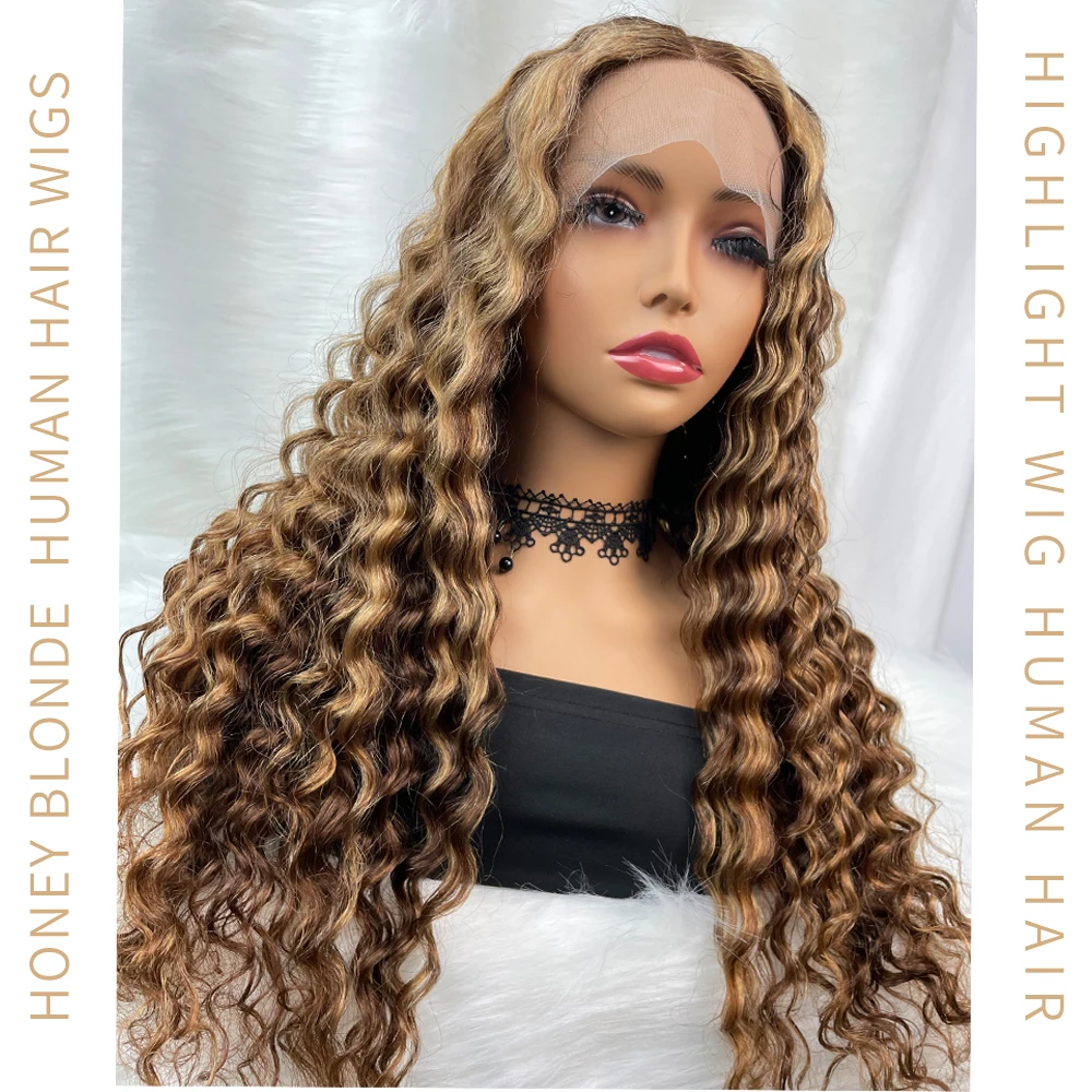 Perruque Lace Front Wig Deep Wave naturelle bouclée, cheveux à reflets, couleur blond miel ombré, 13x6, pour femmes