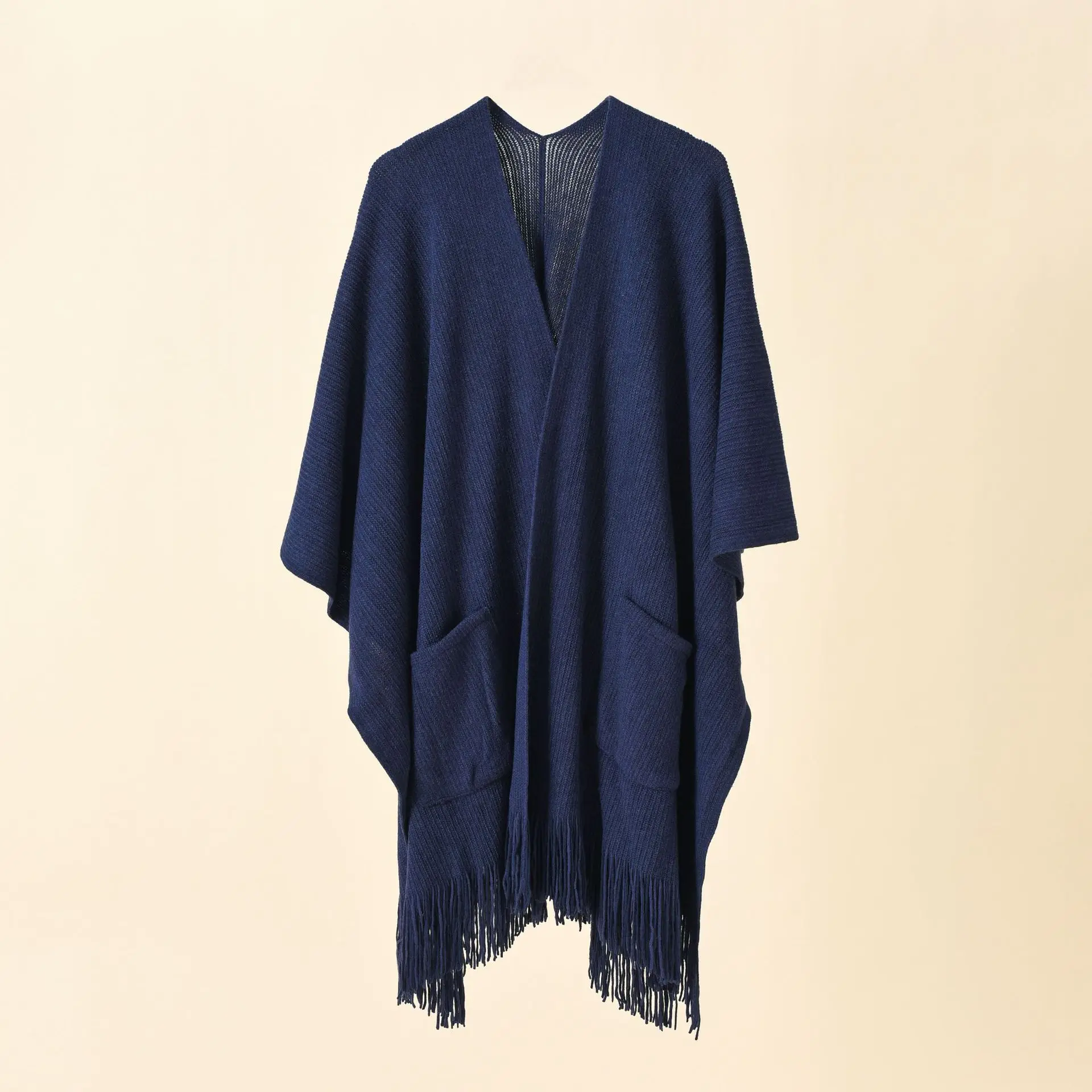 

2022 Spring Autumn New Knitted Solid Color Pocket Tassel Female Shawl Imitation Cashmere Women Cloak Lady Poncho Capes Navy