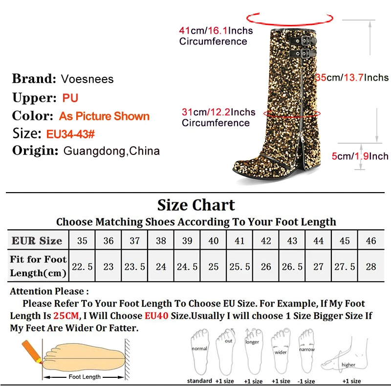 Fashion Sequin Knee-High Boots For Women 5CM Chunk Heels Glitters Party Shoes 2024 New Spring Autumn Lady Turned Over Edge Boots