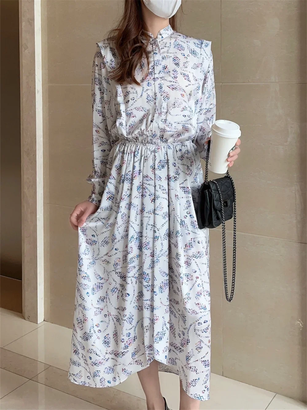 

2024 Spring Women Mid-calf Dress Elastic Waist Vintage Print O-Neck Long Sleeve Irregular Long Robes