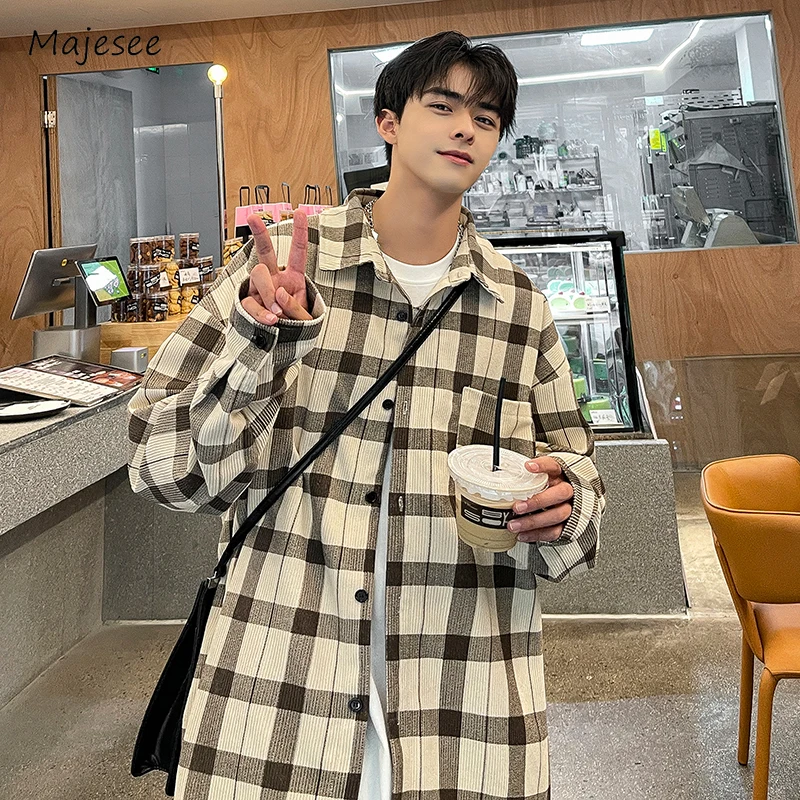 

Men Jackets Plaid Baggy Handsome Streetwear Korean Style Classic Lapel Fashion Long Sleeve Aesthetic Advanced Draping Slouchy