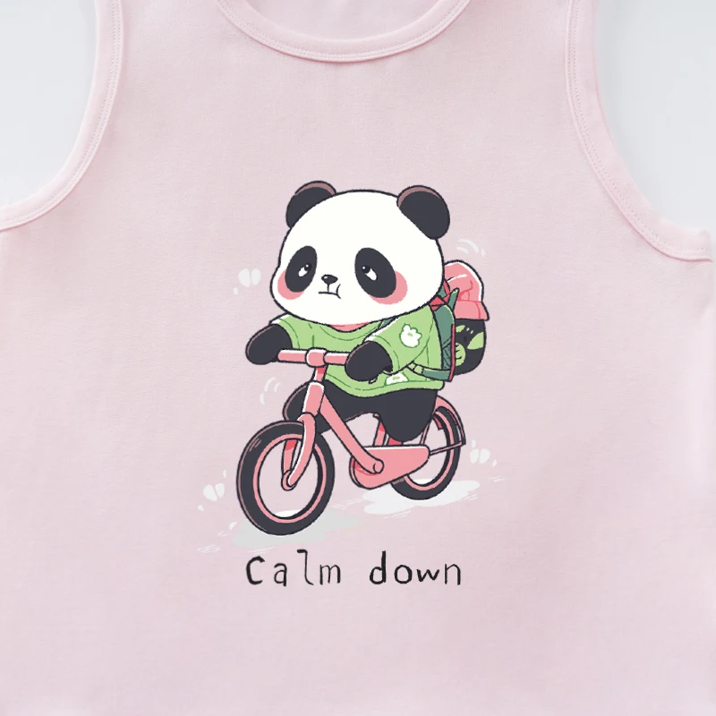 Summer Sleeveless Boys And Girls Cartoon Panda Comfortable Round Neck Baby Pink T-Shirt Children's Wear