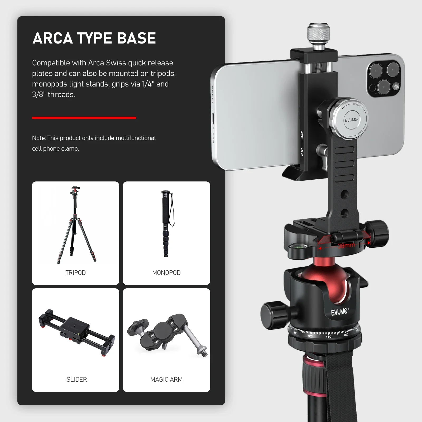 PM6 Metal Phone Holder Tripod 360° Rotate Cold Shoe Mount Arca Swiss Quick Relea