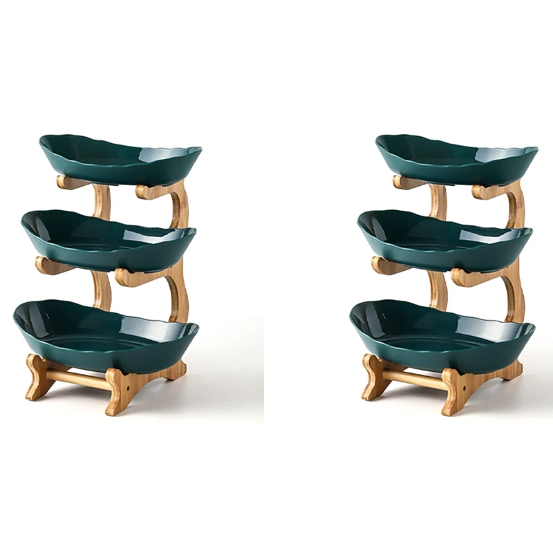 

2X 3 Tiers Fruit Plate With Wood Holder Snacks Candy Plate Kitchen Organizer Rack Party Food Serving Display Tray Green