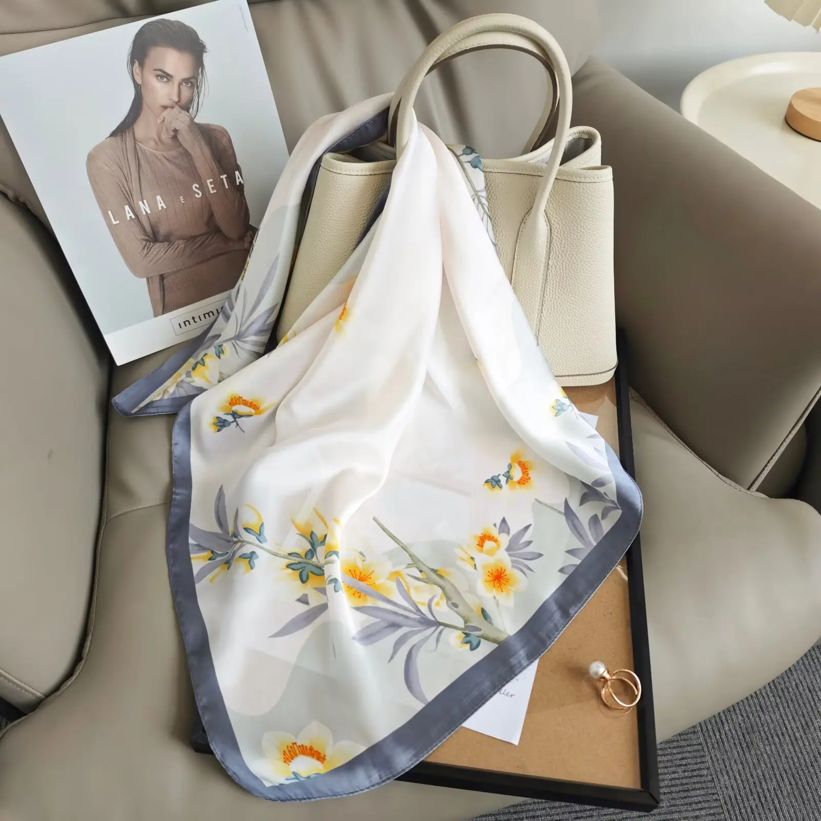 Luxury Design Print Silk Square Scarf Women Soft Satin Horse Hairband Neckerchief Office Hijab Headband Foulard Bag Ribbons Gift