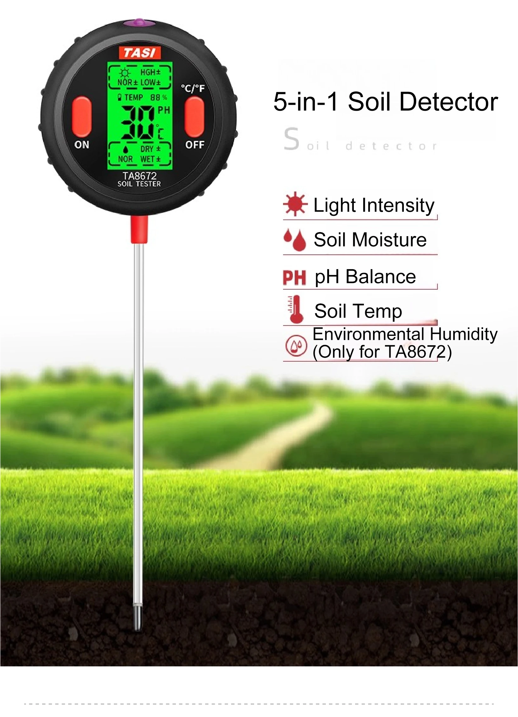 TA8671/TA8672 5-in-1 Soil tester moisture meter pH tester temperature light mete