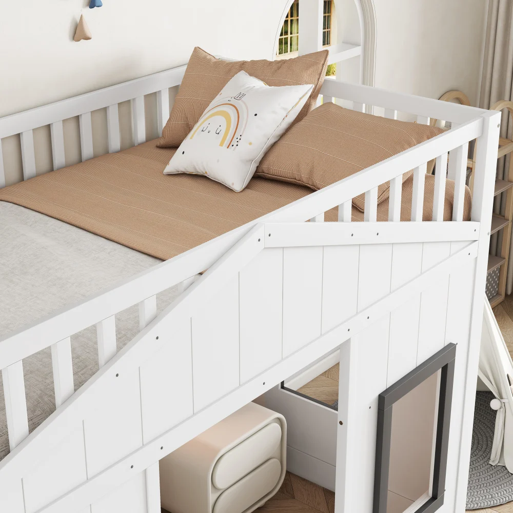 Modernes Kinder-Etagenbett 90x200cm mit Kiefernholzrahmen, Treppe, Fenster, Fallschirmsicherheitsgitter, Kinderzimmermöbel – Detail 20