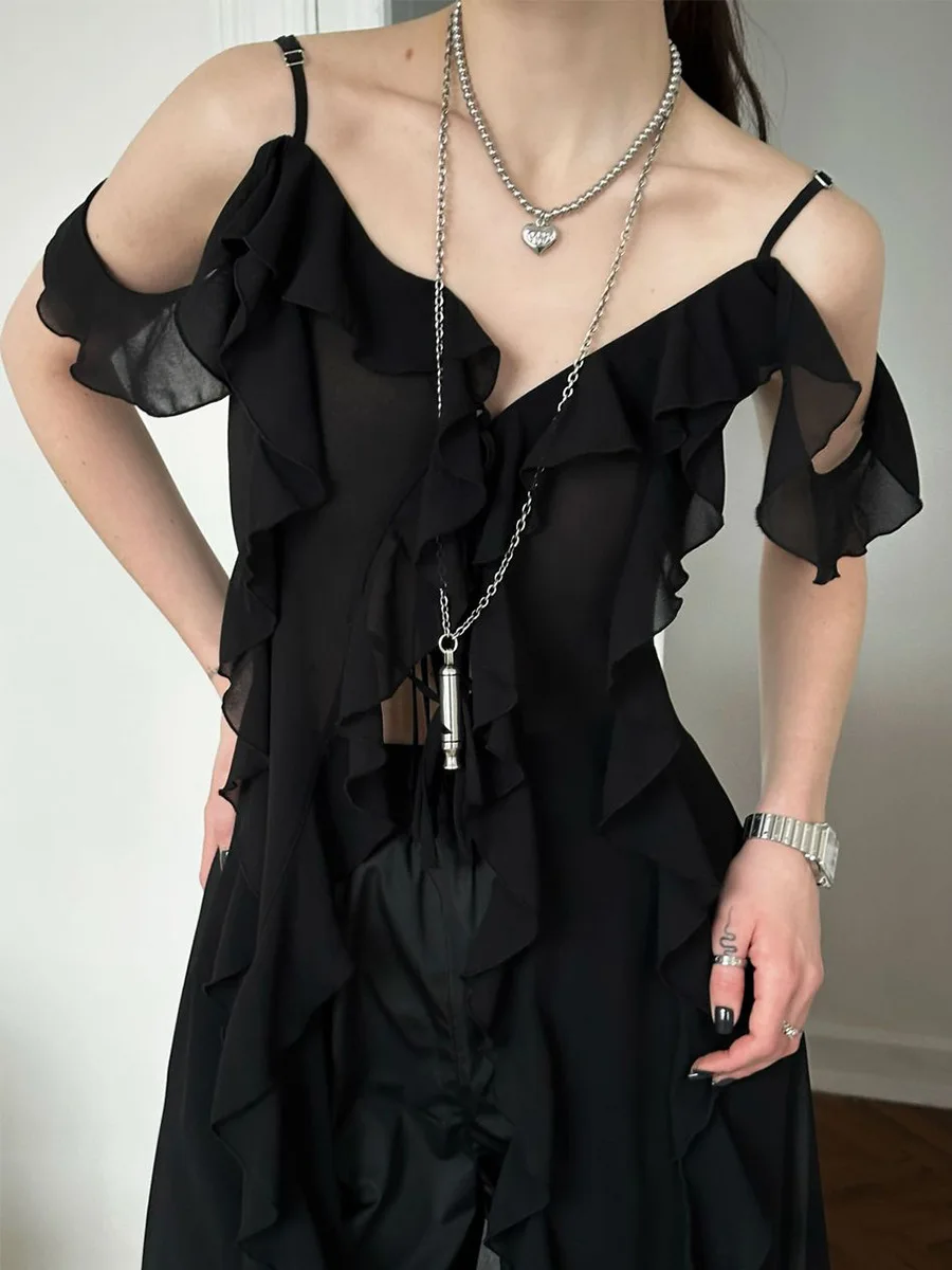 Bornladies Women's Strap Dress 2025 Summer New Irregular V-neck Ruffle Ribbon Sexy Sleeveless Strap Long Dresses