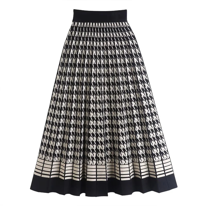 Tigena Vintage Houndstooth Knitted Skirt For Women 2023 Autumn Winter