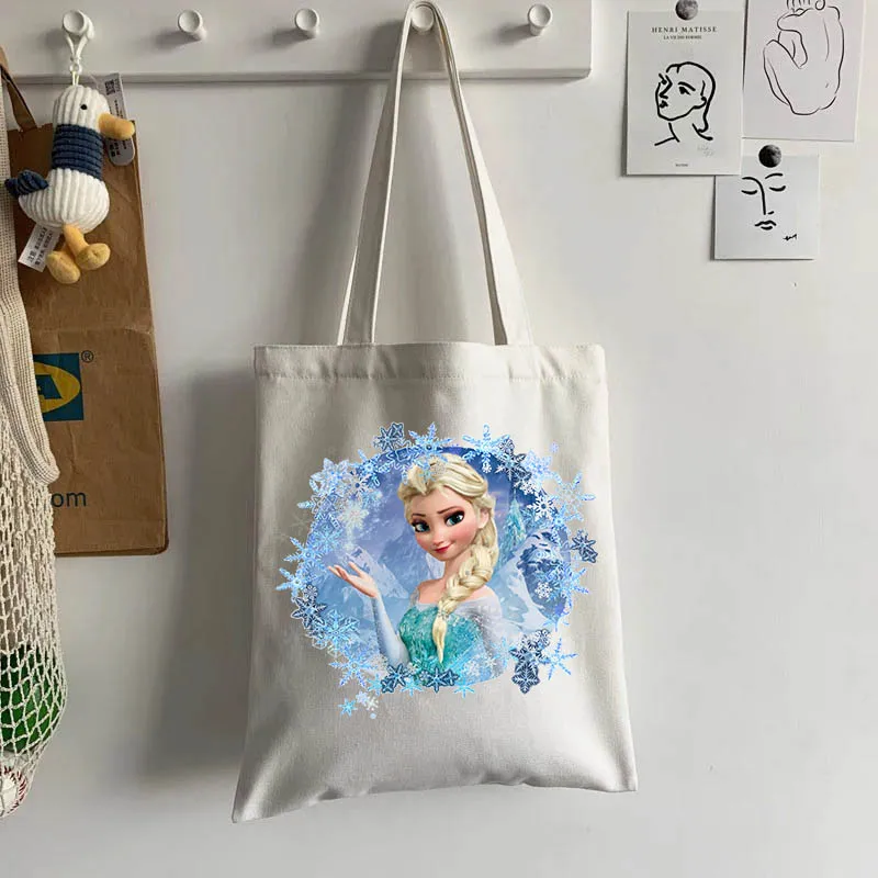 Frozen Elsa Anna Canvas Shoulder Bag Print Handbags For Women Large Capacity Shopper Totes Fashion Cotton Casual Shopping Bags