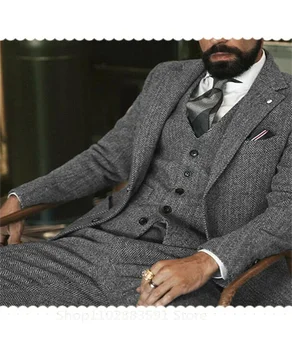 3 pezzi (giacca + gilet + pantaloni) abito invernale da uomo in tweed di lana grigia per matrimonio a spina di pesce smoking formale da sposo moda maschile 1