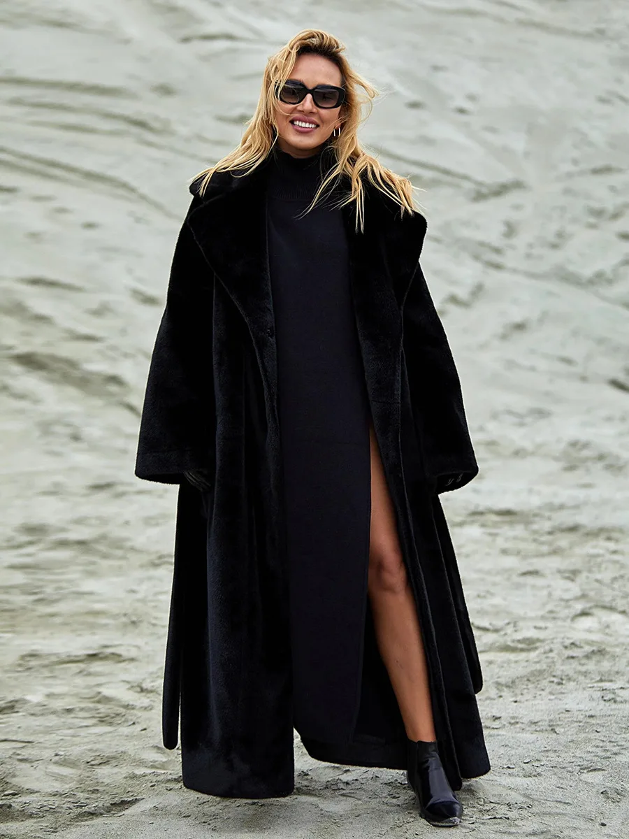 Bornladies New Autumn Winter Women's Elegant Long Furry Coat Notched Lapel Tie Waist Design Warm Faux Fur Outerwear