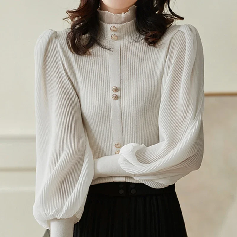 

Autumn Elegant Chiffon Patchwork Turtleneck Sweater Women 2024 Winter New Korean Knitted Tops Long Sleeve Pullovers Femme V1147