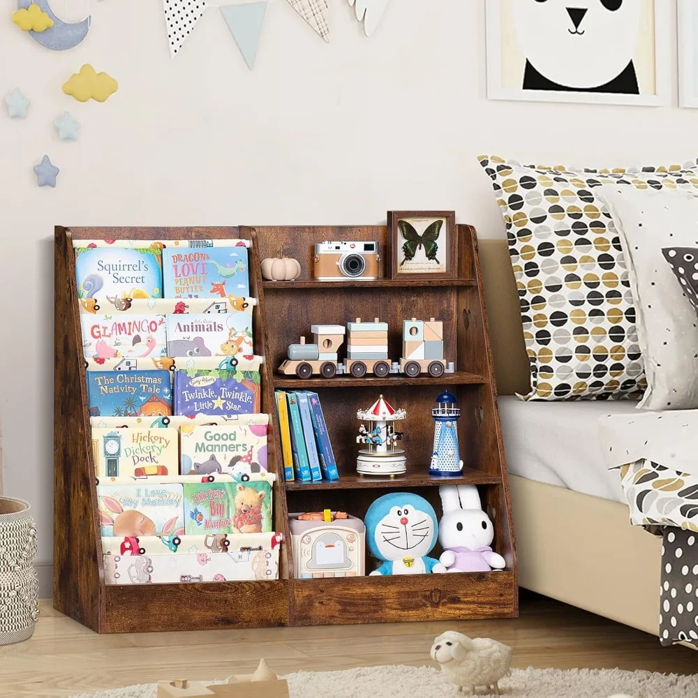 Kids Bookshelf and Storage Organizer,Sling Children Bookcase,Baby Toddler Wooden Book Shelf,Display Cabinet for Playroom,Bedroom 6