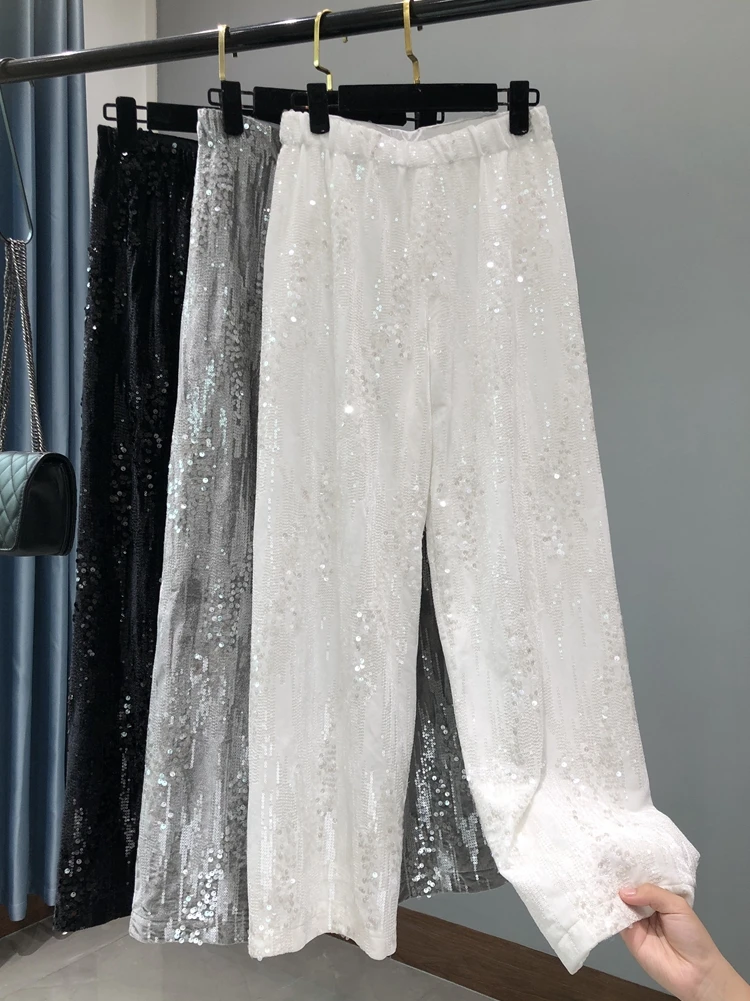 

The Spring of 2023 The New Embroidery Sequins Straight Canister Shiny Swan Suede of Height Wide Leg Pants Womens Fashion