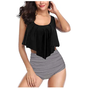 Floral Printed U-neck Sleeveless Top And Ruffle Shorts Split Skinny Swimsuit For Women Fashion Beach Style Solid Color Swimwear