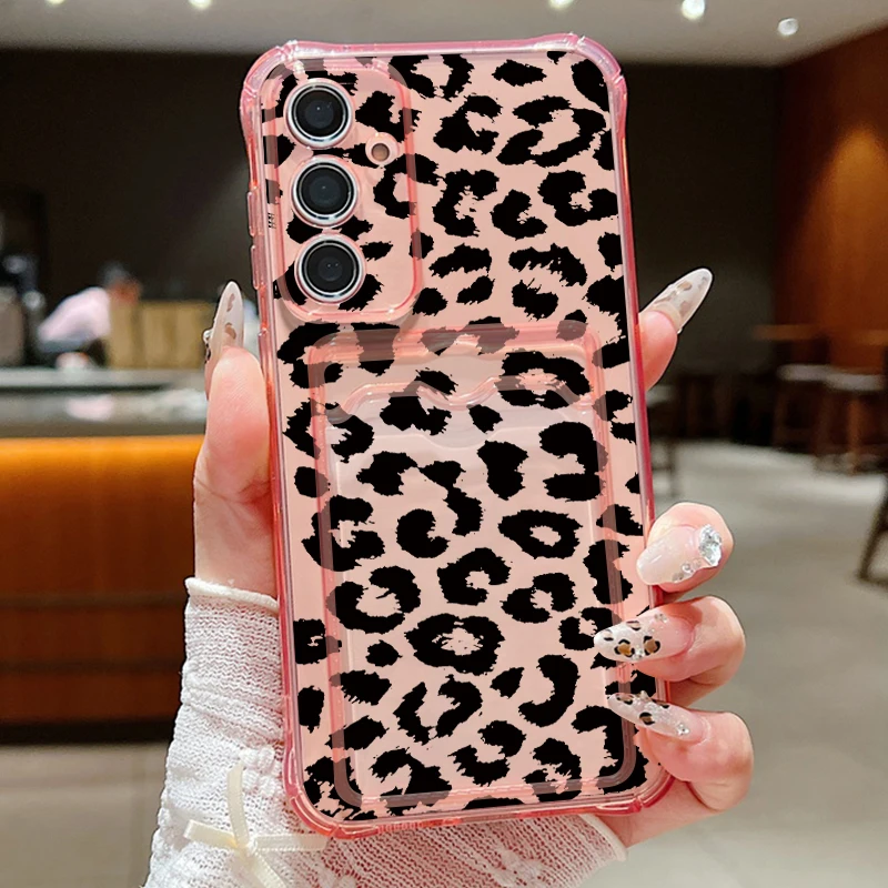 Leopard Print Clear Card Holder Phone Case Cover