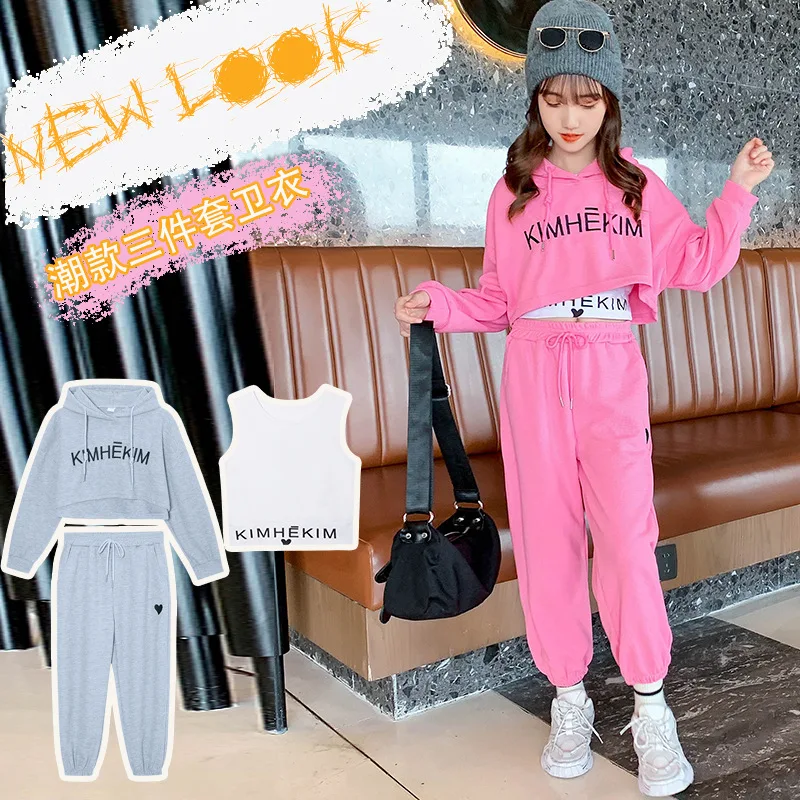 

Spring Autumn Girls Alphabet Crop Hoodie+Sweatpant+Tee Tops Sets School Kids Tracksuit Child 3PCS Outfit Sport Suits 3-14 Years