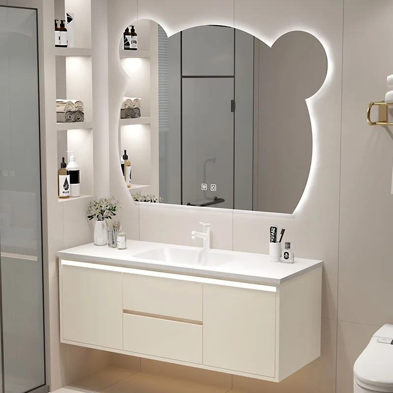 Bathroom ceramic integrated basin simple bathroom cabinet combination hand washbasin light luxury smart washstand mirror cabinet
