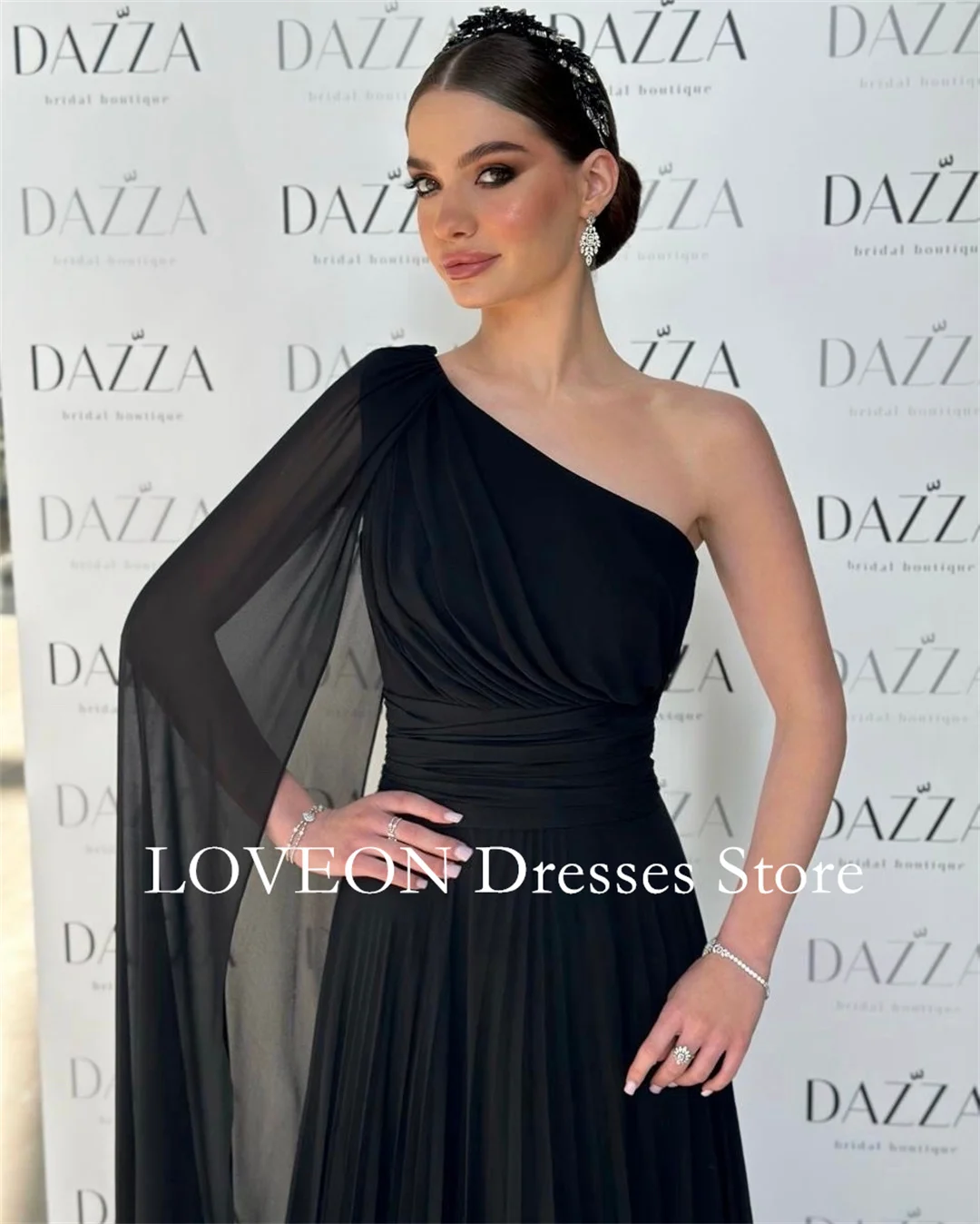 

GIOIO One-Shoulder Evening Dresses Sleeveless Formal Chiffon Ruched Black Vintage Pleats Elegant Prom Gowns Party Women