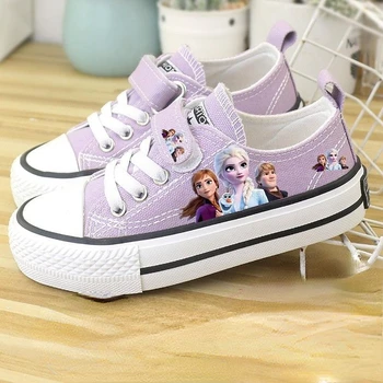 Disney Girls' Shoes Summer Spring Children's Canvas Elsa Princess Shoes Low-top Sneakers Girls' Purple Shoes Size 25-37 1