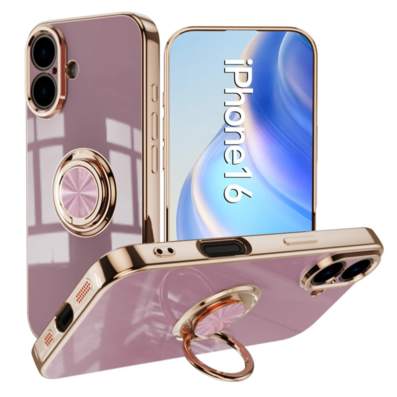 6D Einfarbige Ringhalterhülle für iPhone 16 15 14 13 12 11 Plus Pro Max Mini Weiche Hautgefühl Anti-Fall-Rückseite_voghion.com