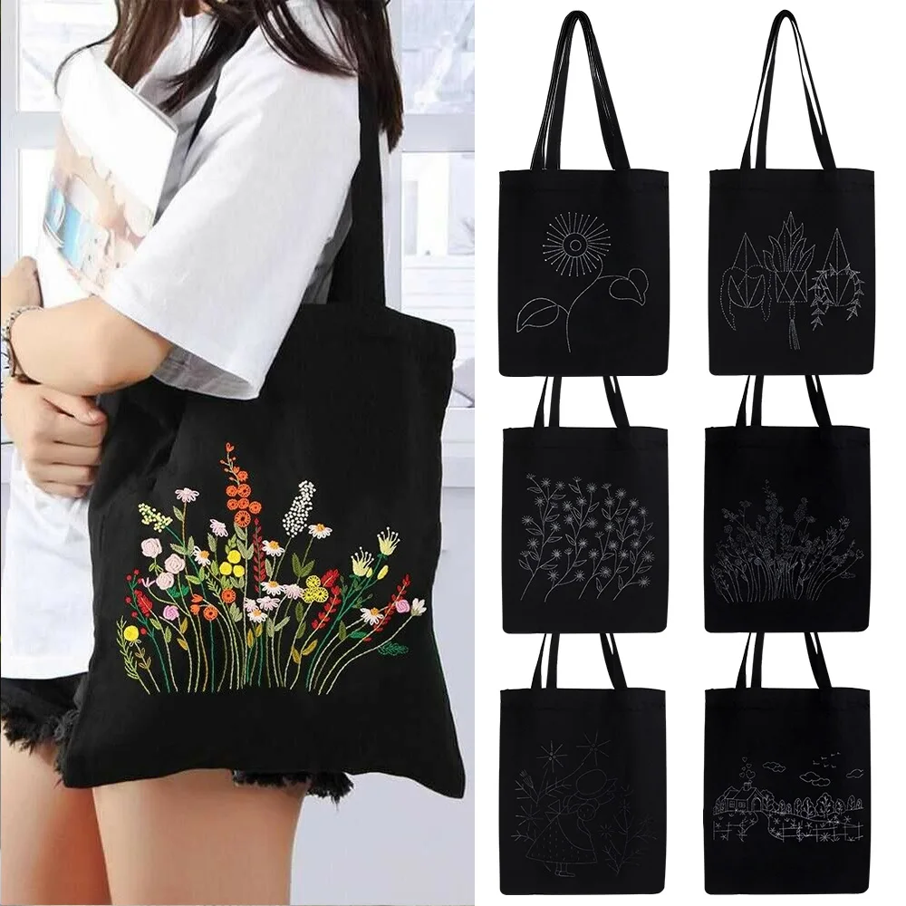 Diy Canvas Tote Bag Embroidery Kit With Flower Pattern Instructions Arts Crafts Supplies